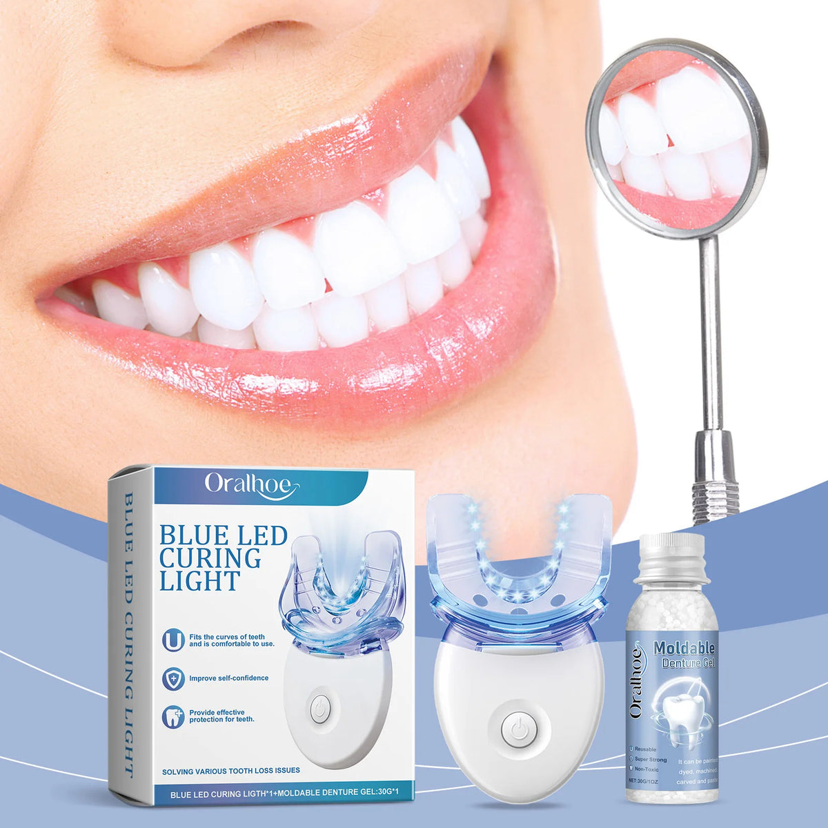 2 in 1 Teeth Whitening Kit with Blue LED Light Moldable Denture Gel Coffee Stain Removal Home Travel Portable Oral Care Device