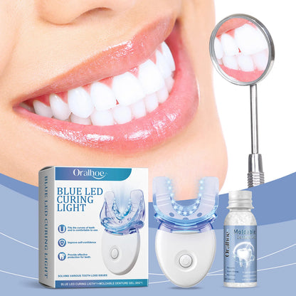 2 in 1 Teeth Whitening Kit with Blue LED Light Moldable Denture Gel Coffee Stain Removal Home Travel Portable Oral Care Device