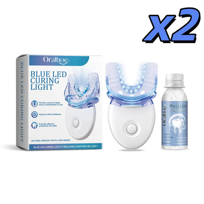 2 in 1 Teeth Whitening Kit with Blue LED Light Moldable Denture Gel Coffee Stain Removal Home Travel Portable Oral Care Device