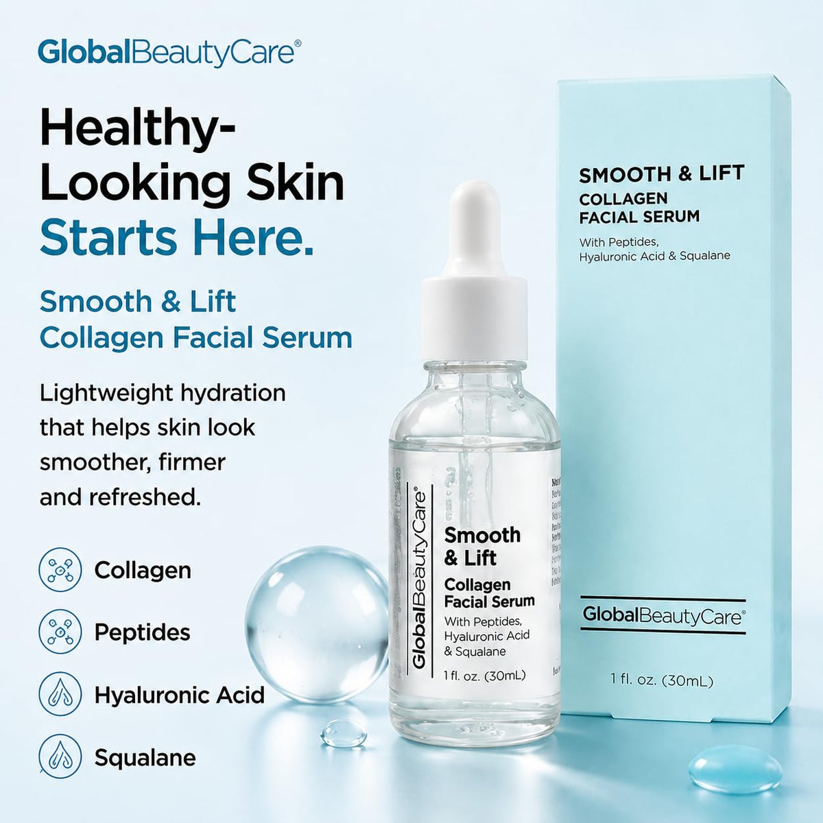 Smooth & Lift Collagen Facial Serum Hydrating Face Serum to Support Firm-Looking Skin with Peptides, Hyaluronic Acid & Squalane, Fast-Absorbing Hydrating Formula, 1 Fl Oz (1-Pack)