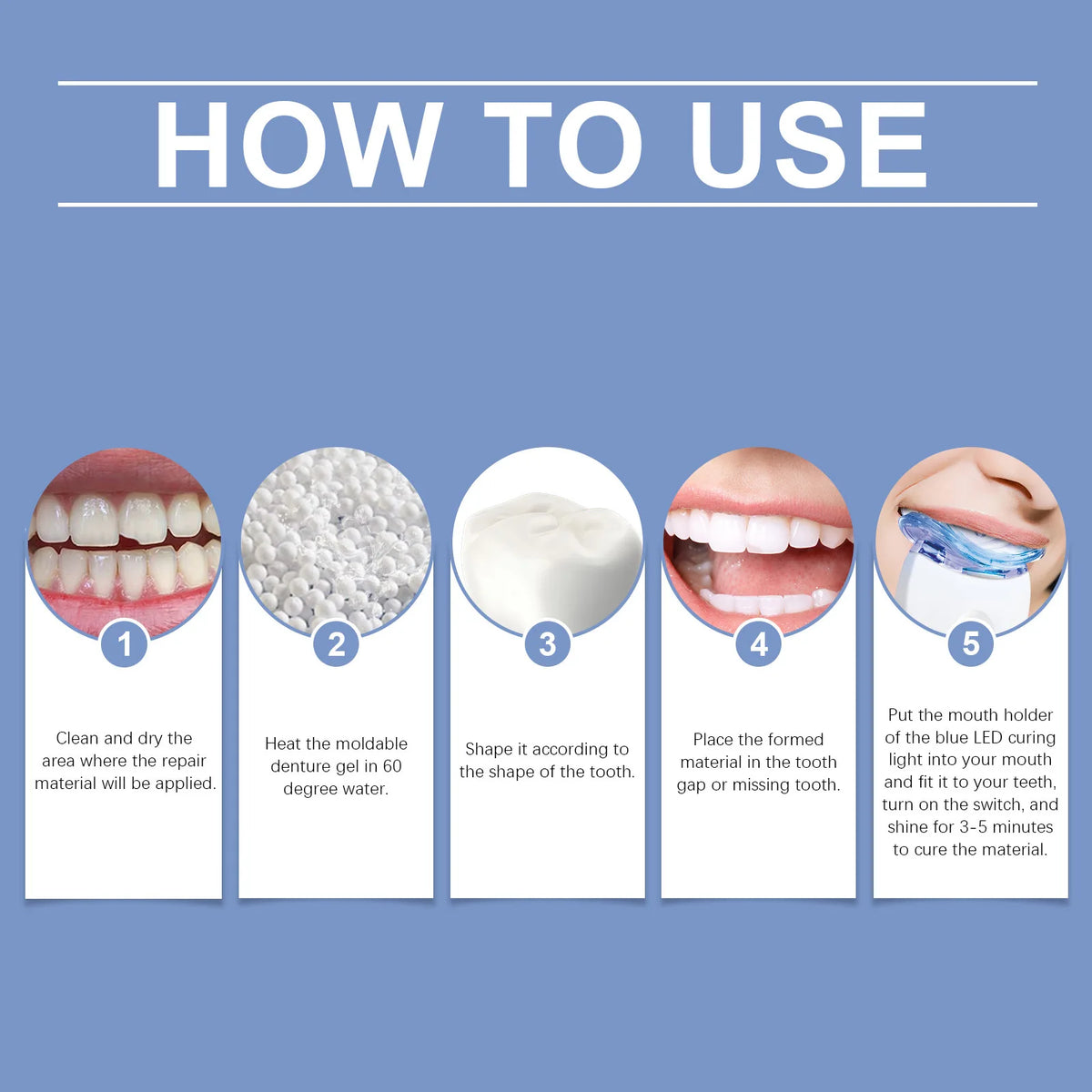 2 in 1 Teeth Whitening Kit with Blue LED Light Moldable Denture Gel Coffee Stain Removal Home Travel Portable Oral Care Device