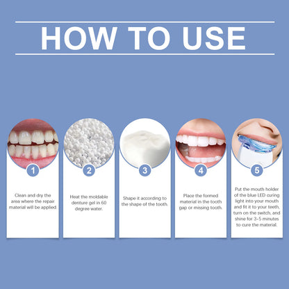 2 in 1 Teeth Whitening Kit with Blue LED Light Moldable Denture Gel Coffee Stain Removal Home Travel Portable Oral Care Device