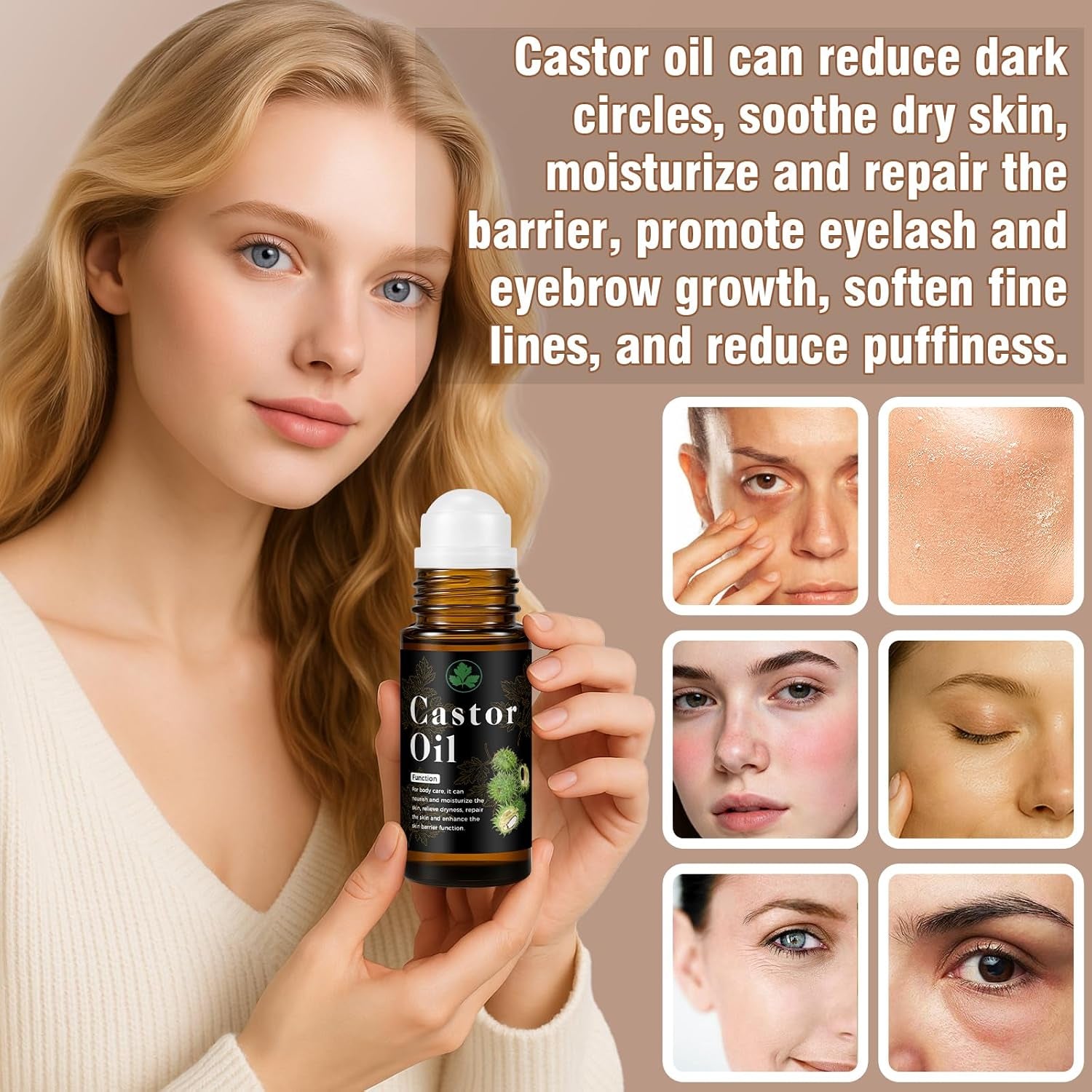Organic Castor Oil Roll on – 100% Pure & Cold Pressed Organic Castor Oil for Face, Body, Hexane Free, Glass Bottle – Hair & Eyelashes Growth, Moisturize Skin, 1Fl Oz