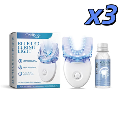 2 in 1 Teeth Whitening Kit with Blue LED Light Moldable Denture Gel Coffee Stain Removal Home Travel Portable Oral Care Device