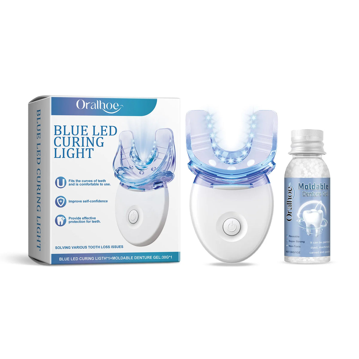 2 in 1 Teeth Whitening Kit with Blue LED Light Moldable Denture Gel Coffee Stain Removal Home Travel Portable Oral Care Device