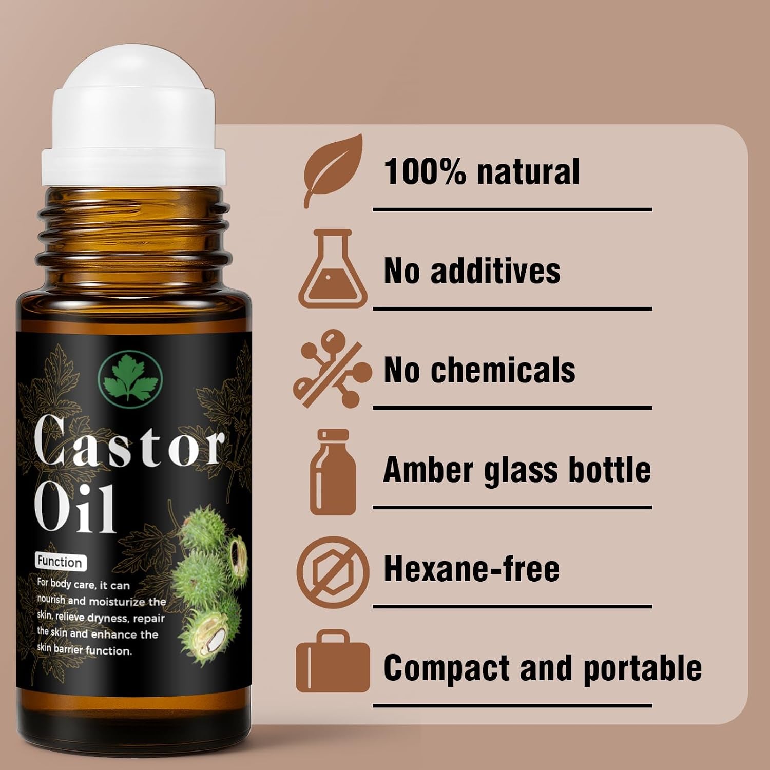 Organic Castor Oil Roll on – 100% Pure & Cold Pressed Organic Castor Oil for Face, Body, Hexane Free, Glass Bottle – Hair & Eyelashes Growth, Moisturize Skin, 1Fl Oz